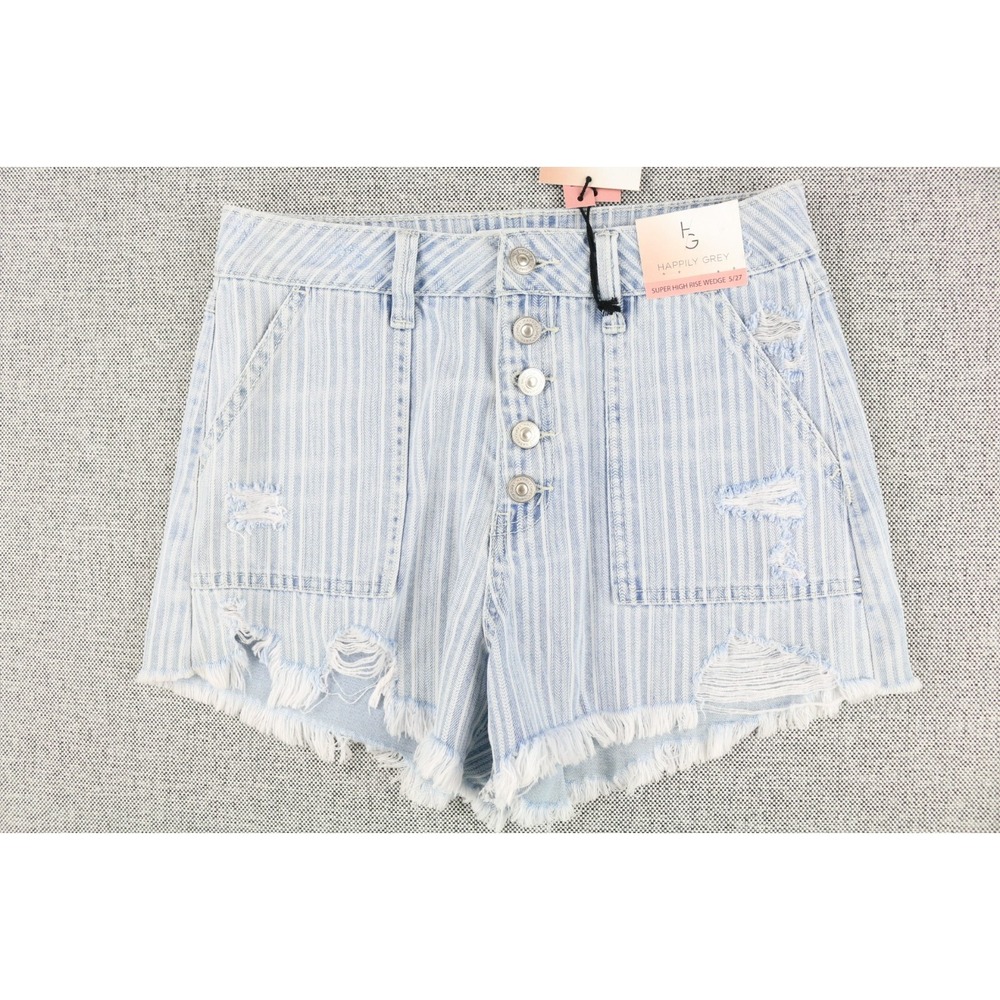 Happily Grey Womens Denim Shorts Size 5/27 Striped Ripped Raw Hem  High Rise NWT